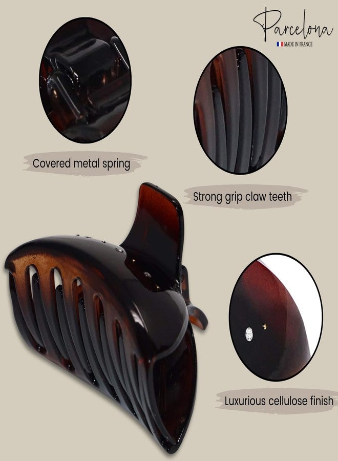 Parcelona French Fat Captain Tortoise Shell with Crystals Large Celluloid Flat Teeth Claw Clips Covered Spring No Slip Grip Jaw Hair Claw Clips for Women and Girls with Long Hair, Made in France - Image 4